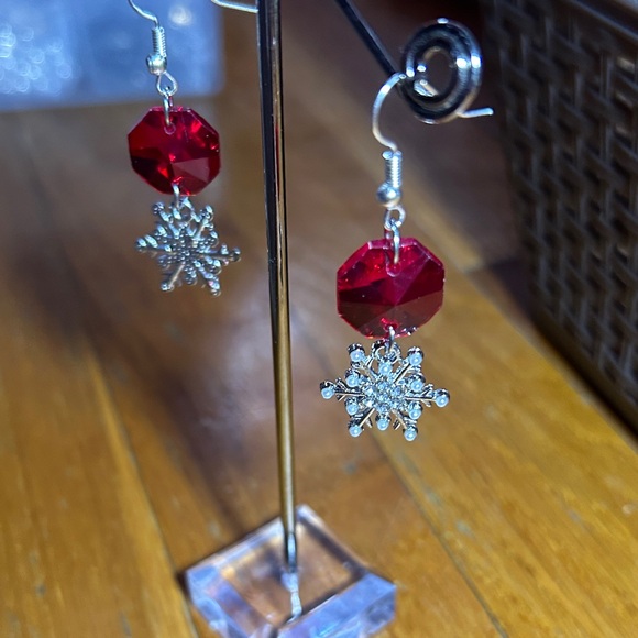 3/$25 Red and Silver Snowflake Earrings - Picture 3 of 4